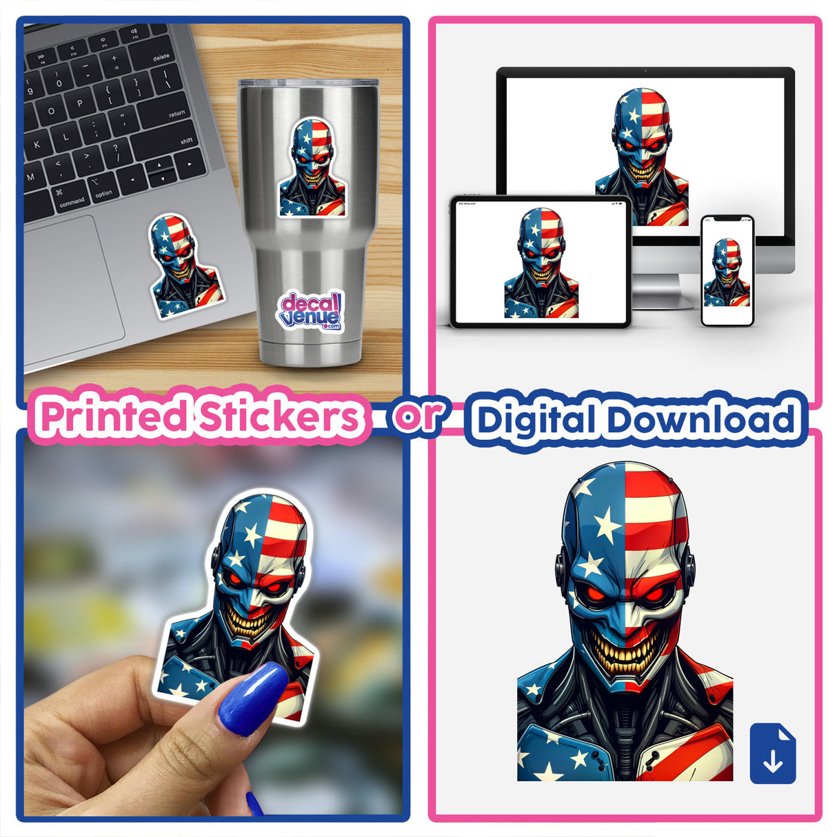 Collage featuring A Cool American Flag Army Cyborg design, showcasing stickers and digital artwork. Includes images of a skeleton with a flag, a laptop, and a cup adorned with stickers.