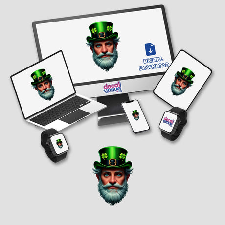 St. Patrick's Day Leprechaun digital artwork features a bearded man in a green hat displayed on a computer monitor and laptop, perfect for stickers or digital art enthusiasts.