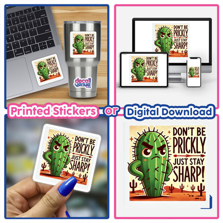 Cactus with Attitude - Don't be prickly, just stay sharp: A laptop adorned with an angry cartoon cactus sticker, showcasing unique design flair, available as stickers or digital artwork.