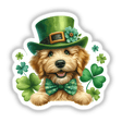 Goldendoodle dog wearing a hat and bow tie, capturing the playful spirit of St. Patrick's Day in the Watercolor Peeking St. Patrick's Goldendoodle Dog artwork by Ella Designz.