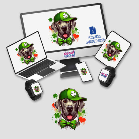 Clovers and Hearts Great Dane Dog illustration on a computer monitor and laptop, available as stickers or digital artwork. The dog wears a hat and bow tie, showcasing Decal Venue's unique style.