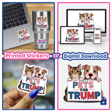 Collage of Pets for Trump - Cat and Pitbull Dog Maga II sticker on a laptop, featuring a cartoon cat and dog holding a sign, showcasing Decal Venue's unique sticker artistry.