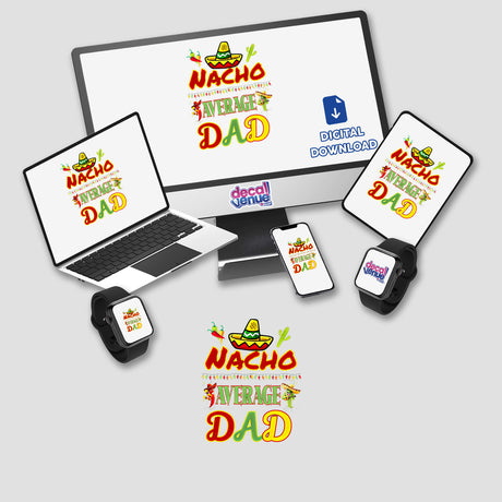 Cinco de Mayo Dad-themed digital artwork featuring a computer screen and laptop displaying festive logos, ideal for stickers or digital art, reflecting Decal Venue's unique vinyl designs.