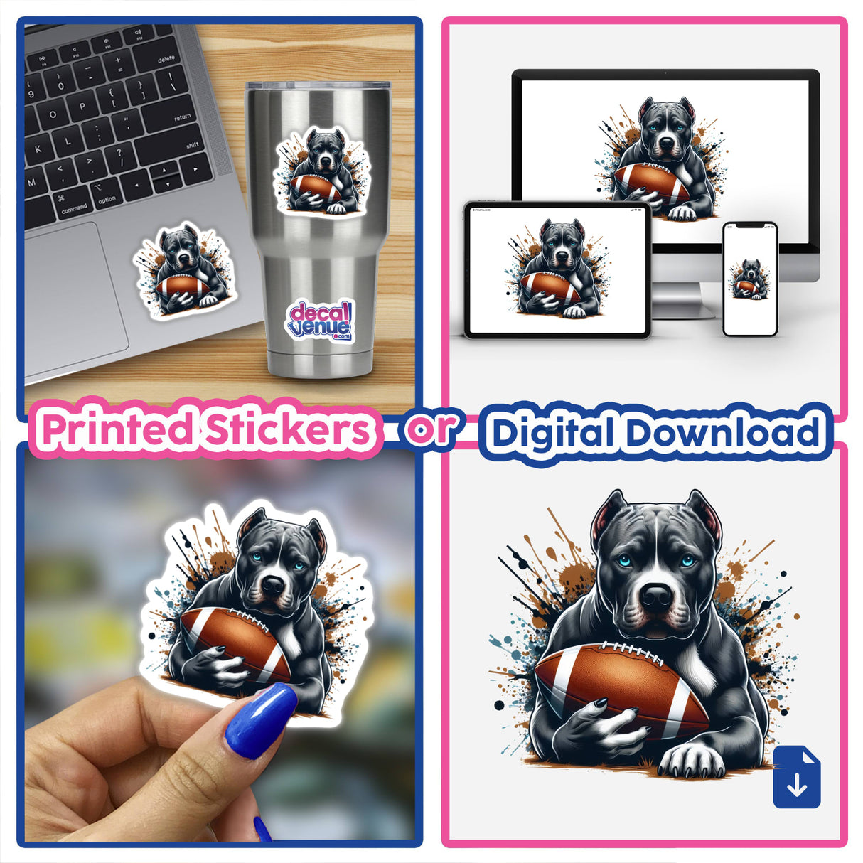 Collage featuring Pitbull Football Splash stickers: a dog holding a football, a laptop with a sticker, and a person painting a fingernail. Available as stickers or digital artwork.