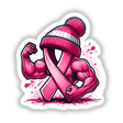 Flexing Pink Breast Cancer Ribbon Beanie II: Cartoon of a pink ribbon with a striped beanie, flexing muscles, available as stickers or digital artwork from Decal Venue's unique collection.