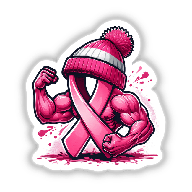 Flexing Pink Breast Cancer Ribbon Beanie II: Cartoon of a pink ribbon with a striped beanie, flexing muscles, available as stickers or digital artwork from Decal Venue's unique collection.