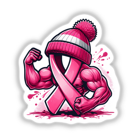 Flexing Pink Breast Cancer Ribbon Beanie II: Cartoon of a pink ribbon with a striped beanie, flexing muscles, available as stickers or digital artwork from Decal Venue's unique collection.