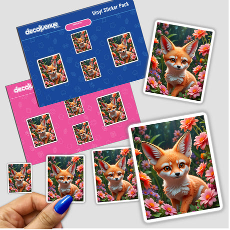 A Cute Fennec Fox In A Blooming Garden sticker, showcasing a whimsical cartoon fox amidst vibrant flowers, perfect for decorating journals, laptops, or phone cases.