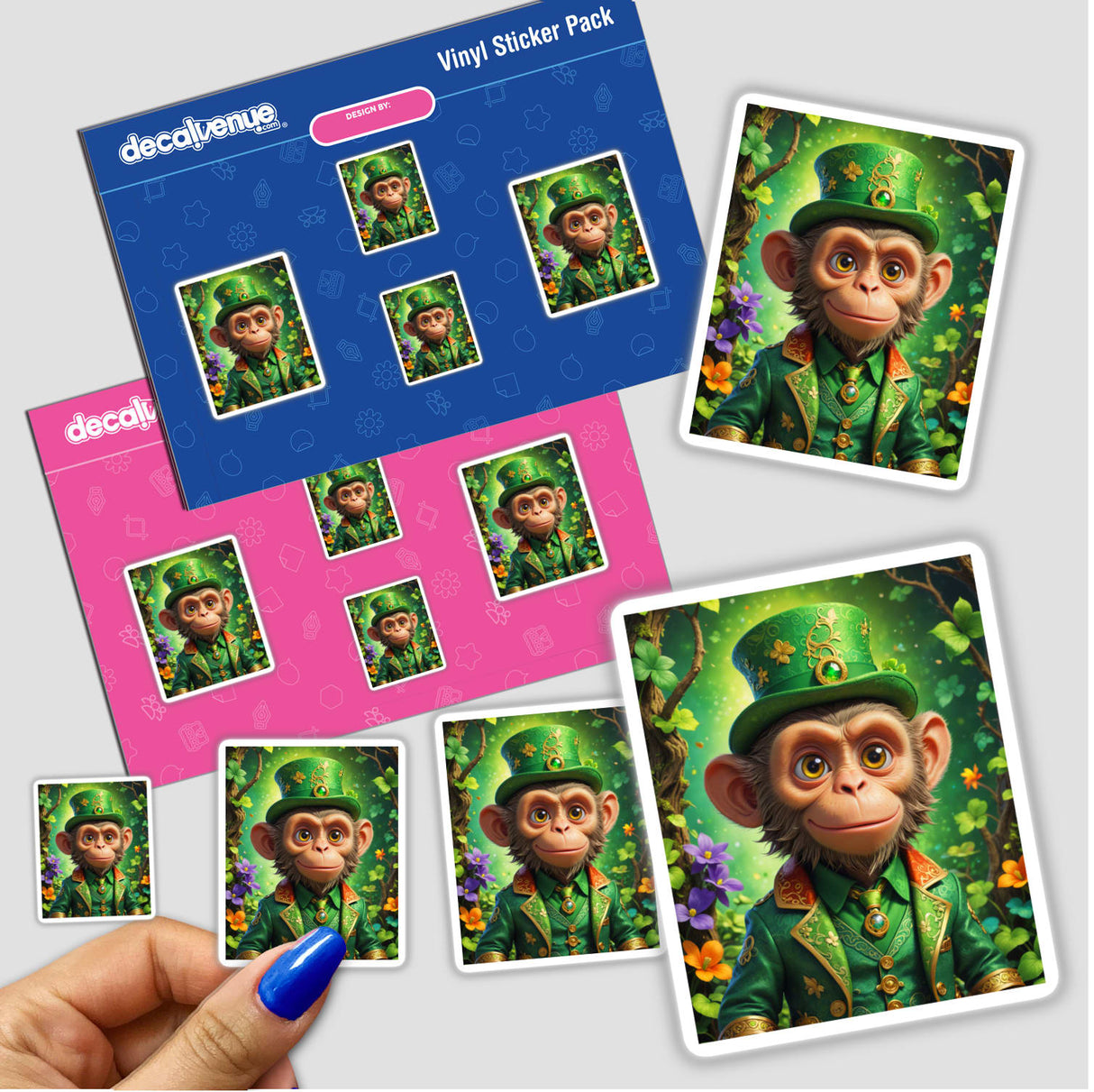 St. Patrick's Day Leprechaun Monkey stickers feature a cartoon monkey in a festive green suit and hat, perfect for celebrating with unique vinyl art from Decal Venue.