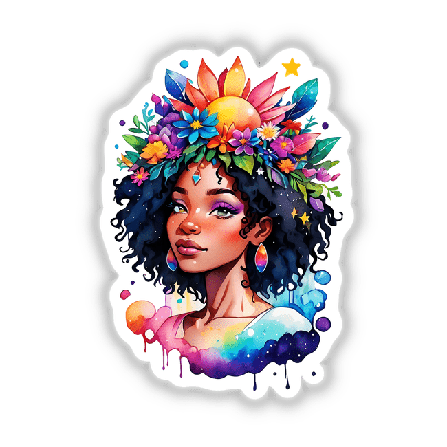 Ethereal Floral Crown Chakra Watercolor Sticker depicts a Boho Black Woman Portrait with flowers in her hair, vibrant makeup, and a serene expression, available as a sticker or digital artwork.