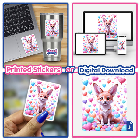 A collage featuring A Cute Fennec Fox With Love Hearts vinyl sticker displayed on a laptop, showcasing the sticker's charming design ideal for decoration or digital artwork.