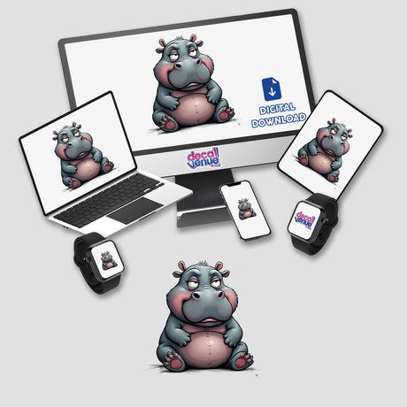 Grumpy Chubby Hippo stickers or digital artwork displayed on a laptop, tablet, and mouse pad, featuring a cartoon hippo with a grumpy expression.