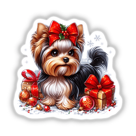 Christmas Yorkie Dog II sticker or digital artwork featuring a cute dog with a red bow amidst presents, perfect for holiday-themed decorations.