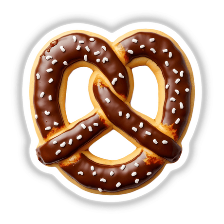 Pretzel Shaped Cookie with Brown Icing and Salt Details, adorned with chocolate icing and colorful sprinkles, available as stickers or digital artwork from Decal Venue.