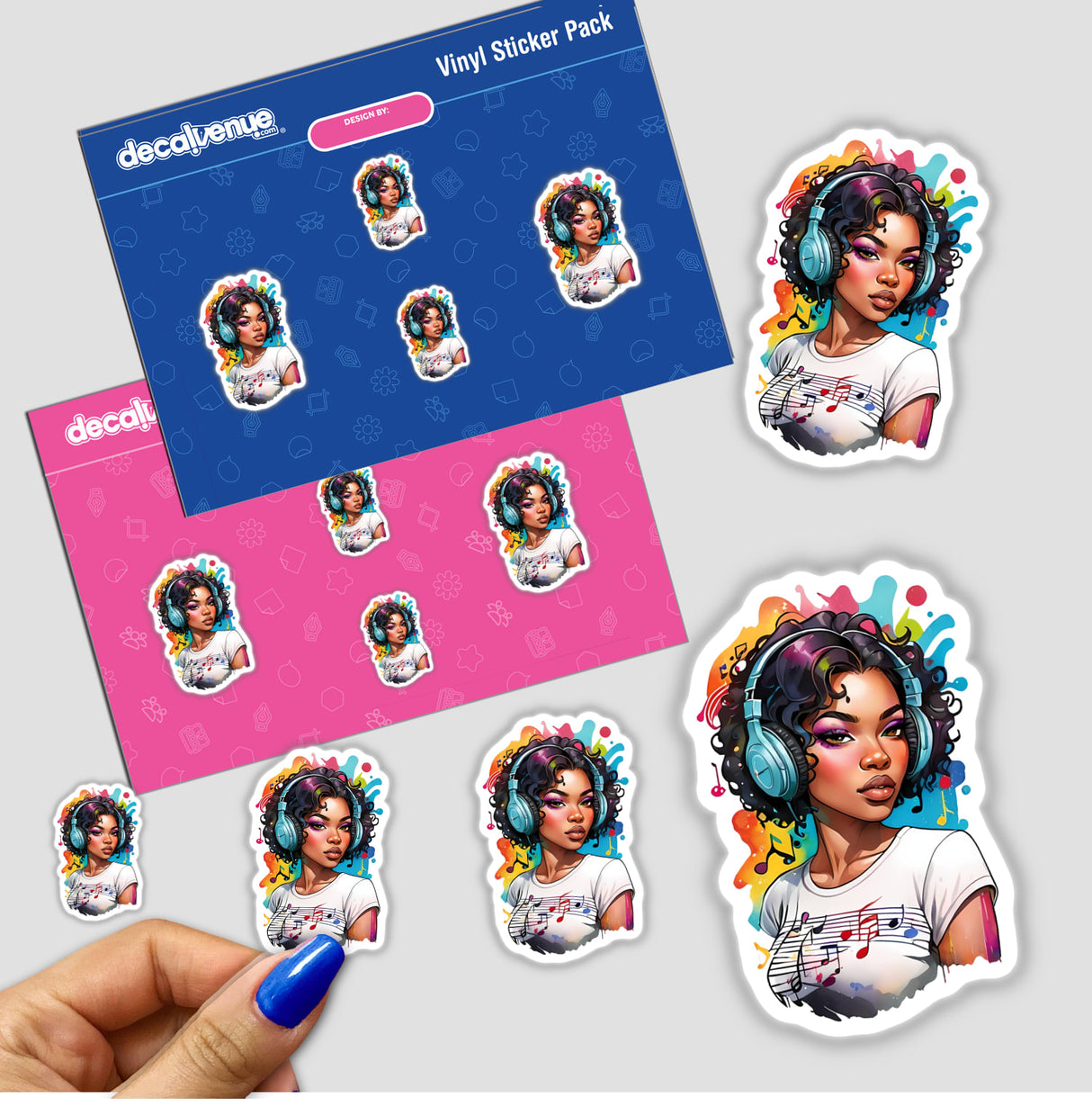 Woman with Headphones Sticker featuring a vibrant rainbow background and music notes, with a close-up of a hand holding the sticker, showcasing detailed artwork.