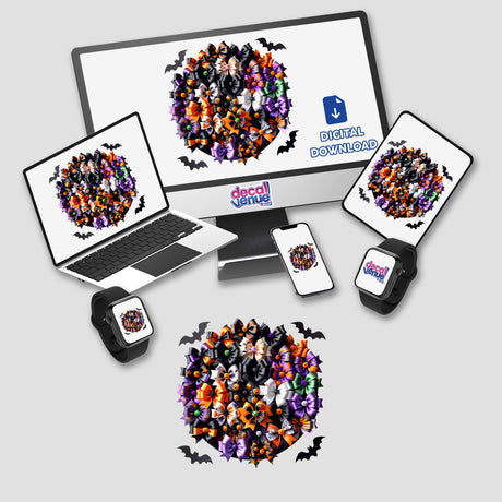 Colorful Halloween-themed digital stickers of bats, pumpkins, and decorative elements displayed on various electronic devices, showcasing the Decal Venue's unique digital artwork products.