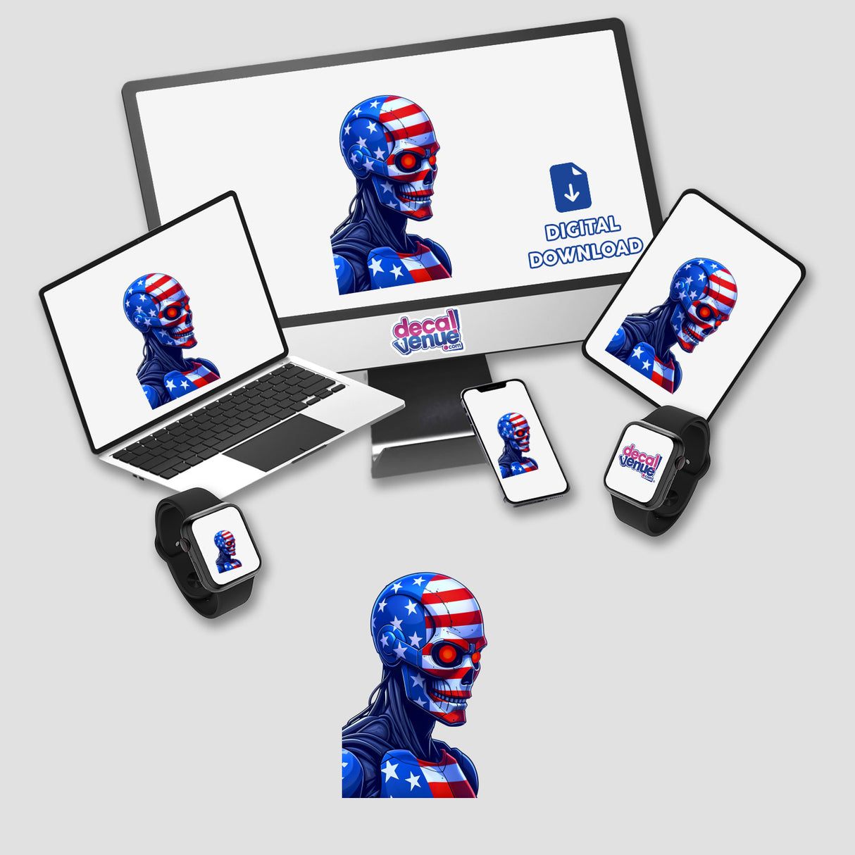 A Cool American Flag Army Cyborg depicted on a computer monitor and laptop, featuring a skull design with stars and stripes, available as stickers or digital artwork.