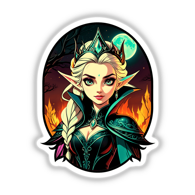 An Evil Queen Anime Girl with a crown and cape, featuring big blue eyes, is available as unique vinyl stickers or digital artwork from Decal Venue.