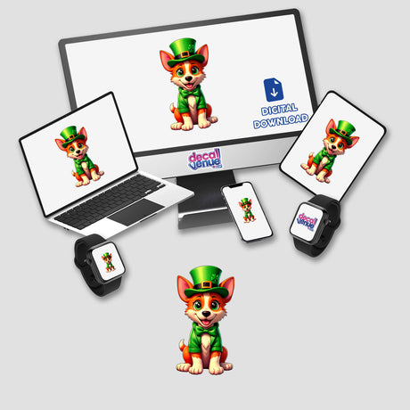 St. Patrick's Day Puppy artwork featuring a cartoon dog in a green hat and bow tie displayed on a monitor, laptop, and smart devices, available as stickers or digital artwork.