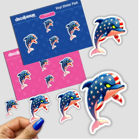 Sticker pack titled A Cool American Flag Dolphin featuring cartoon dolphins with flags, available as stickers or digital artwork, reflecting Decal Venue's unique graphic design style.