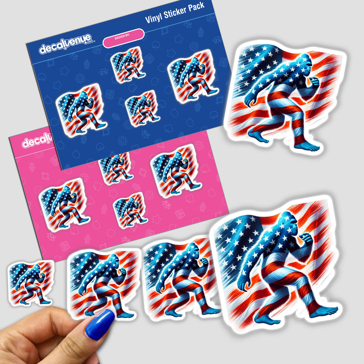 Patriotic Bigfoot stickers with American flag design, featuring stars and stripes on a digital artwork package from Decal Venue store.