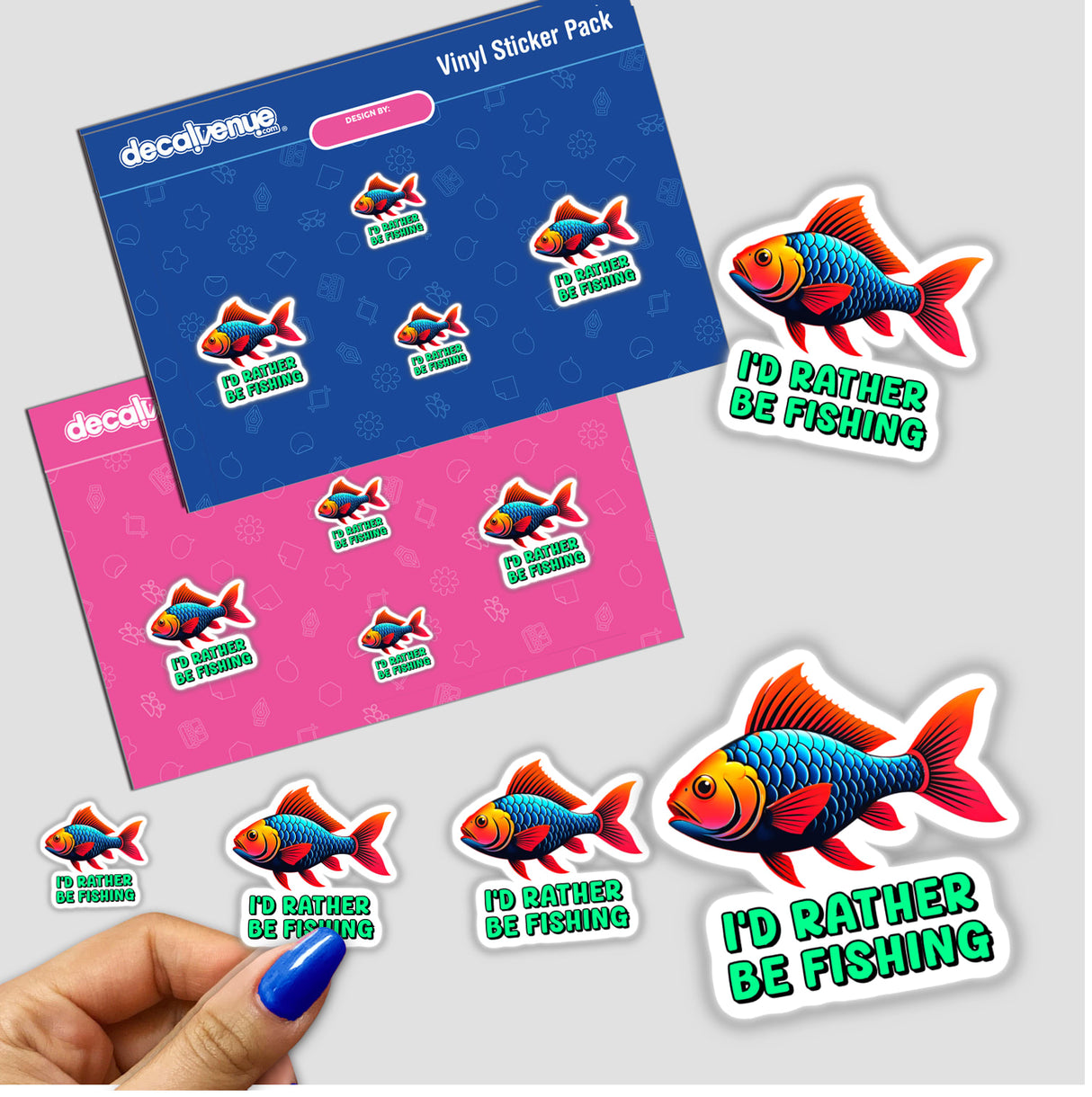 I'd Rather Be Fishing sticker featuring a colorful cartoon fish with text, held by a hand with blue nail polish, available as a sticker or digital artwork from Decal Venue.