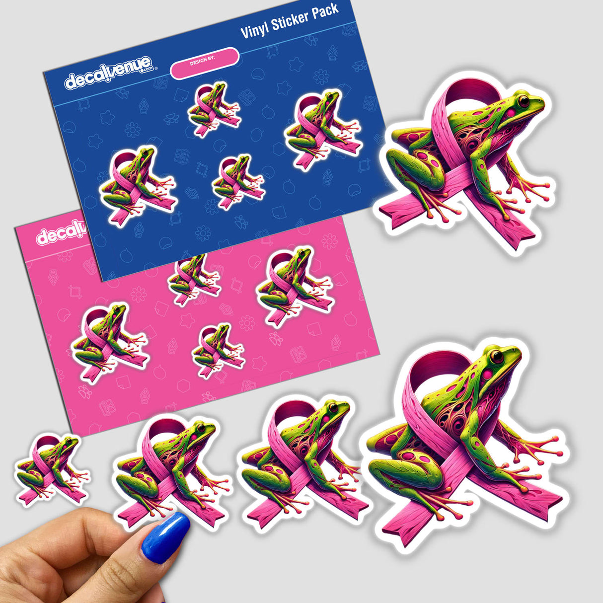 Sticker featuring a cartoon frog with a pink ribbon, symbolizing breast cancer awareness, available as physical stickers or digital artwork from Decal Venue.