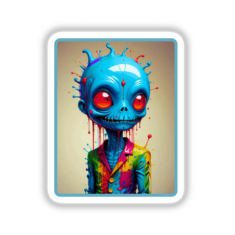 Splash Art Alien Invasion The Handsome One: a cartoon alien with red eyes, rainbow paint splattered over its head, and a green shirt, available as stickers or digital artwork.