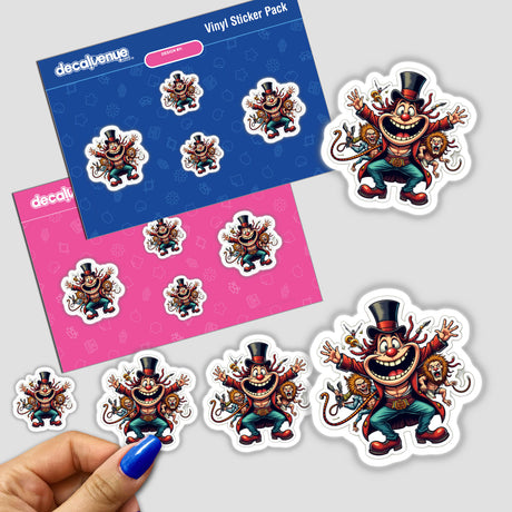 Stickers featuring the cartoon character Palhaço Cartolinha, including a circus clown with two monkeys and other playful figures. Available as stickers or digital artwork.