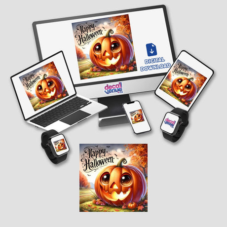 Bronze Halloween Series 1: Laptop and monitor displaying a cartoon pumpkin. Available as stickers or digital artwork.