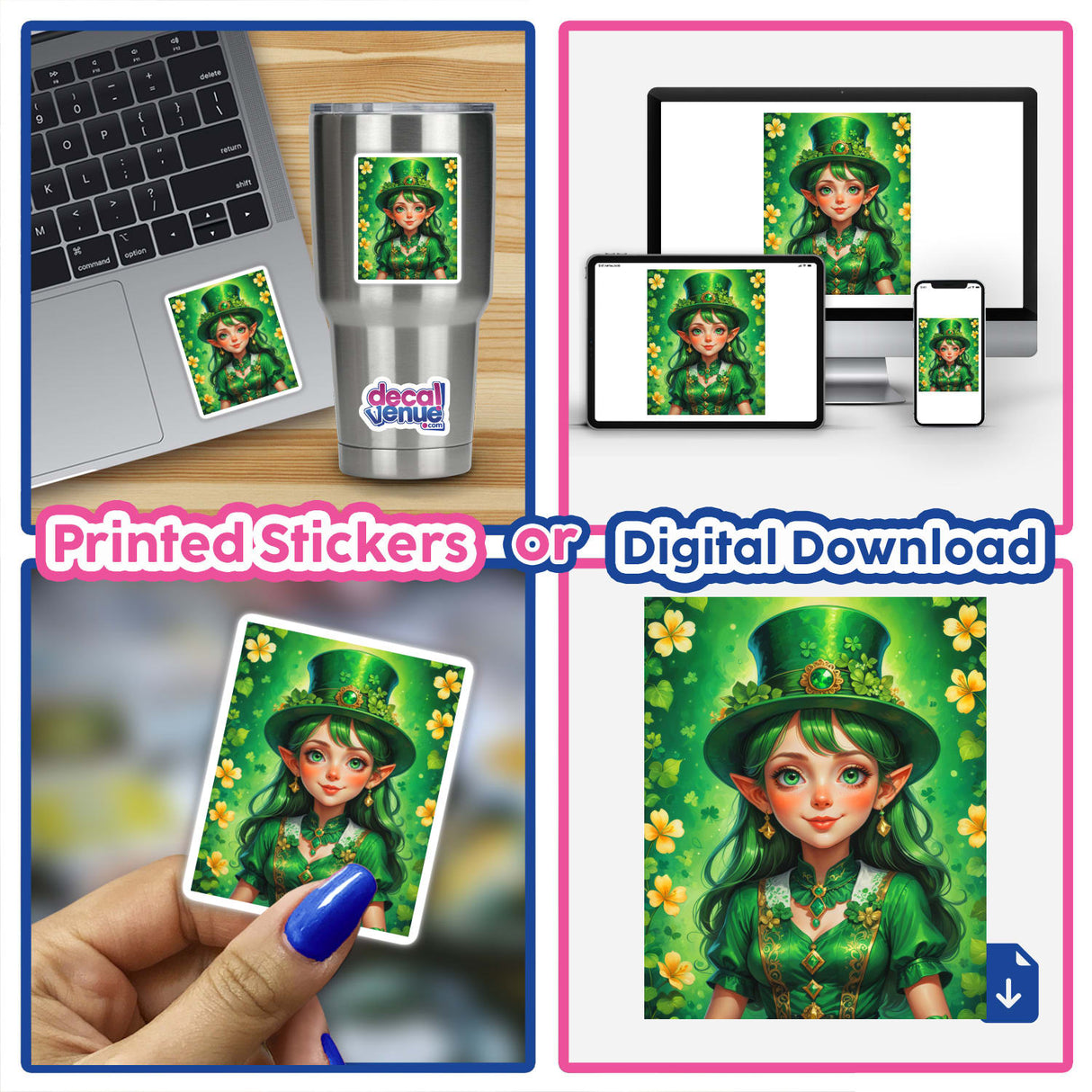 A collage featuring A Cute St. Patrick's Day Girl in a green dress, available as stickers or digital artwork from Decal Venue, highlighting unique vinyl and digital art.