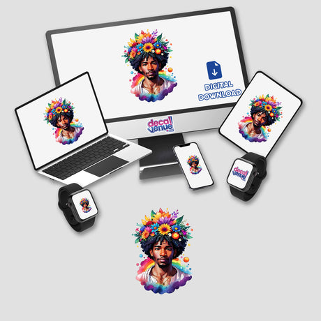 Boho Flower Crown Chakra Sticker - Spiritual Metaphysical Kawaii Design displayed on various devices, featuring a man with flowers in his hair, highlighting its versatility as stickers or digital artwork.