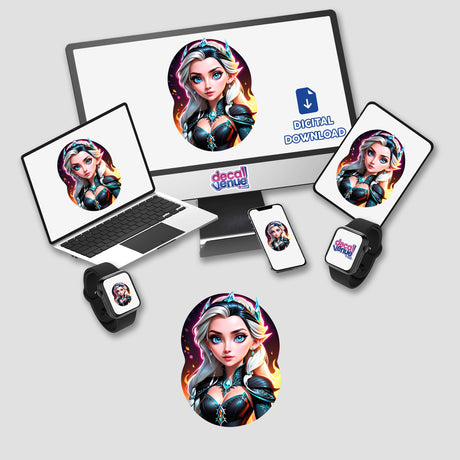 An Evil Queen Anime Girl displayed on a computer monitor and laptop, offered as stickers or digital artwork.