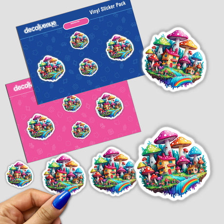 Stickers featuring Mushroom Village: Psychedelic Floral Splash, showcasing whimsical mushroom houses and rainbows. Includes a sticker pack with various cartoon mushrooms and a hand applying one.