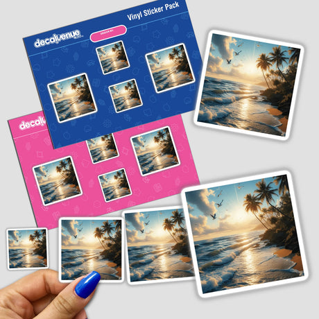 Sticker pack titled Golden Beach Sunset – Waves, Palm Trees, and Flying Seagulls, showing tropical beach scenes with palm trees and birds, available as stickers or digital artwork.