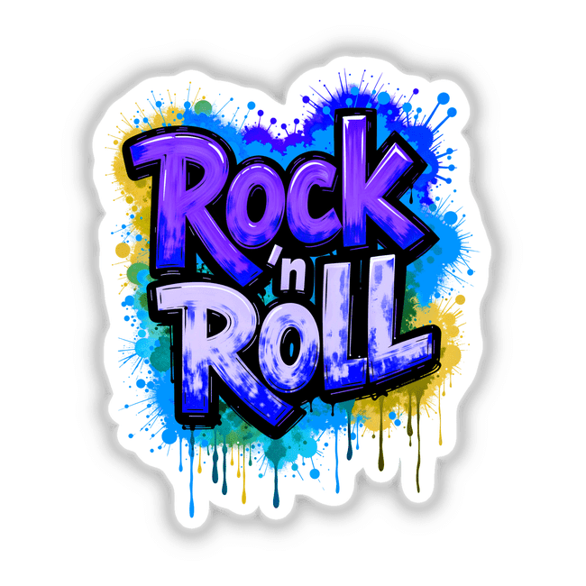 Rock 'n Roll Graffiti Art featuring dynamic paint splatters and bold lettering, available as vibrant stickers or digital artwork, reflecting Decal Venue's unique style in graphic design.