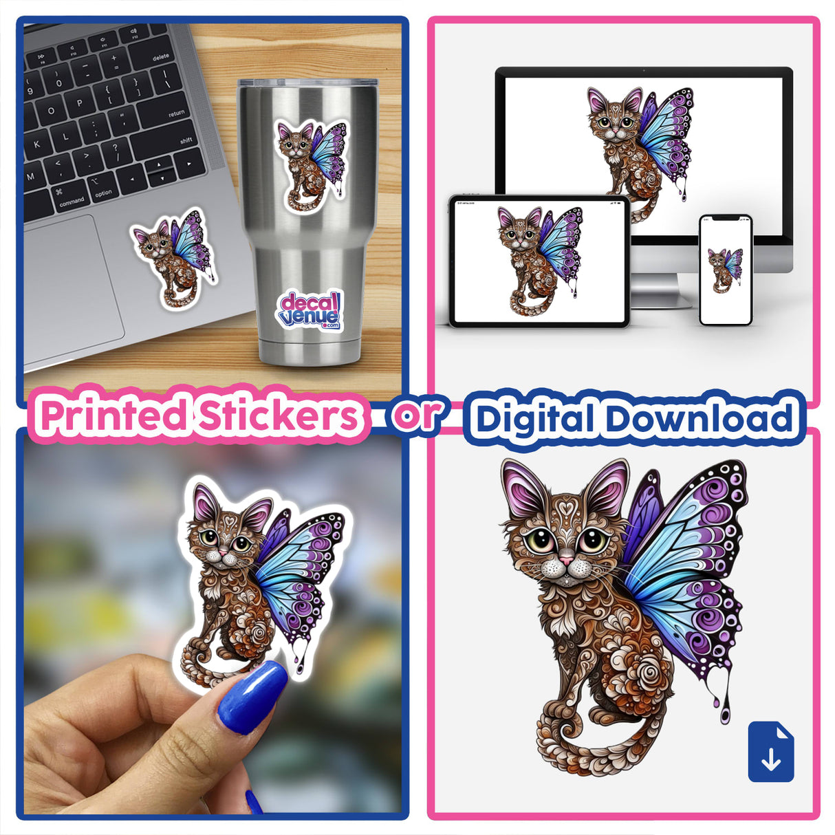 Whimsical Cat with Intricate Butterfly Wings and Decorative Patterns featured in a collage, showcased as versatile vinyl stickers or digital artwork from Decal Venue.