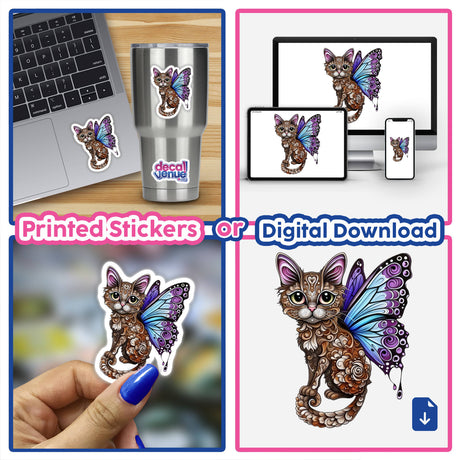 Whimsical Cat with Intricate Butterfly Wings and Decorative Patterns featured in a collage, showcased as versatile vinyl stickers or digital artwork from Decal Venue.