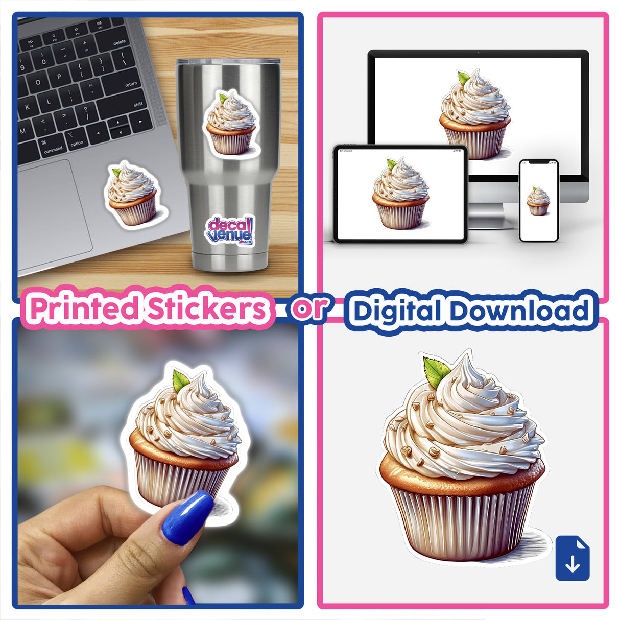 Delectable cream cheese cupcake featuring a luscious swirl of frosting, displayed across various media including a laptop, smartphone screen, and as a physical sticker.