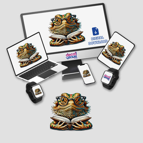 Bearded Dragon With Reading Glasses Open Book depicted on a computer and laptop screen, available as stickers or digital artwork from Decal Venue, showcasing unique vinyl sticker designs.