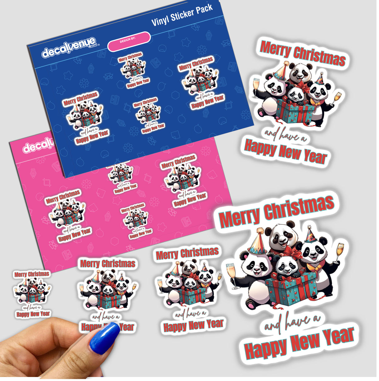 New Year's panda bear stickers featuring cartoon pandas with gifts and celebratory elements, available as stickers or digital artwork.