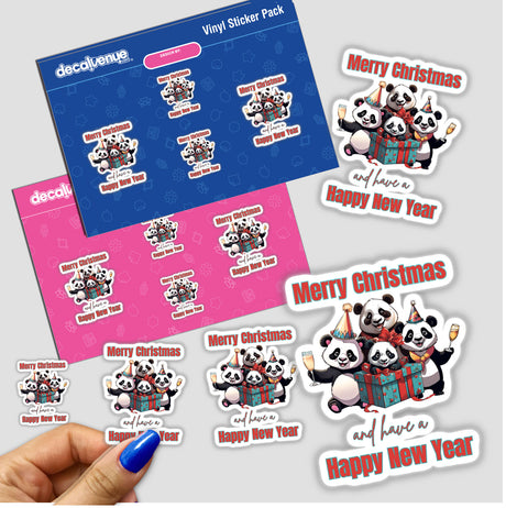 New Year's panda bear stickers featuring cartoon pandas with gifts and celebratory elements, available as stickers or digital artwork.