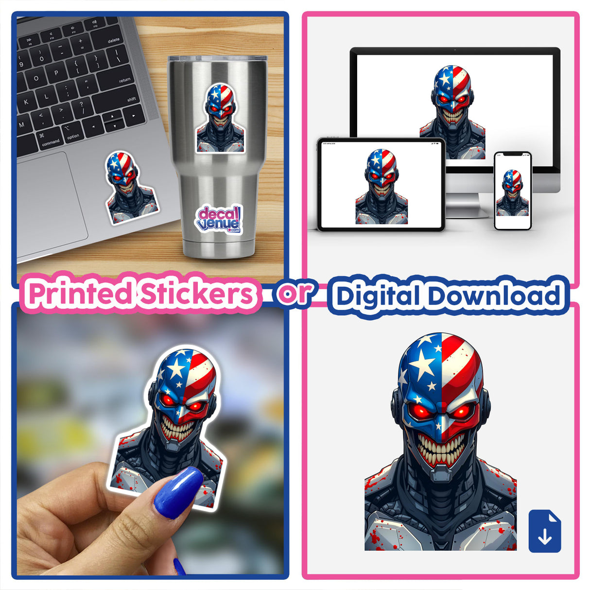 Collage featuring A Cool American Flag Army Cyborg sticker and digital artwork, showcasing a robot with a flag motif, suitable for laptops and personal items.