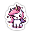 Cute pink unicorn sticker with floral decor and sparkling stars