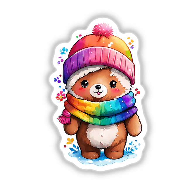 Adorable Winter Teddy Bear Sticker - Cozy Kawaii Cold Weather Design: Cartoon bear wearing a hat and scarf, perfect for adding a cute, wintry touch to your collection.