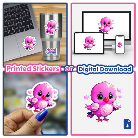 Sticker or digital artwork titled A Cute Little Bird With Love Hearts, featuring a cartoon pink bird surrounded by love hearts, perfect for laptops, cups, or digital use.