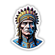 Cartoon illustration of a Native American Warrior Chief wearing a headdress, available as a sticker or digital artwork.