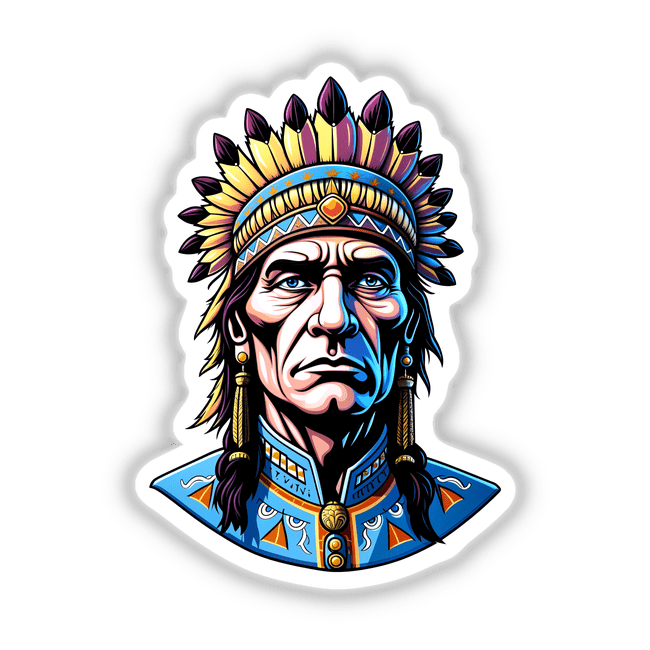 Cartoon illustration of a Native American Warrior Chief wearing a headdress, available as a sticker or digital artwork.