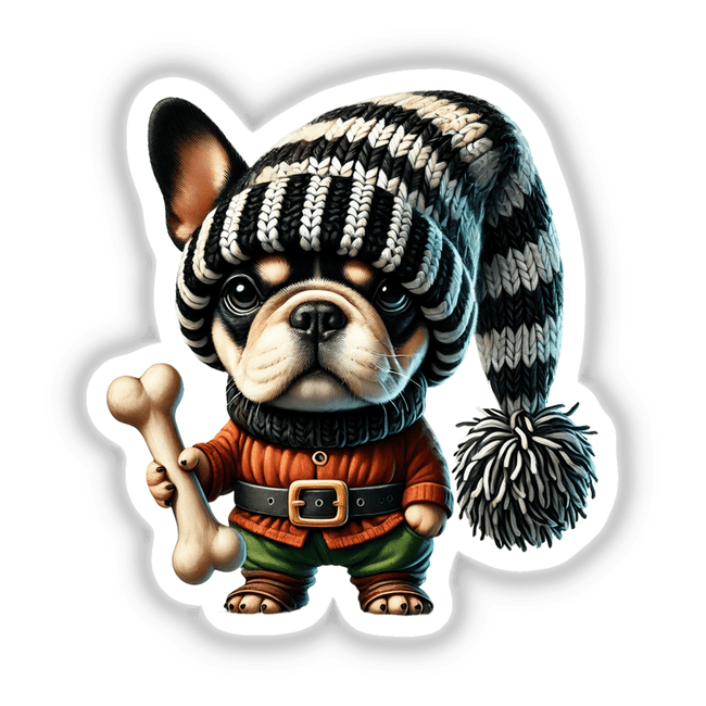 Cute French Bulldog Wearing Gnome Hat with Dog Bone in Digital Artwork