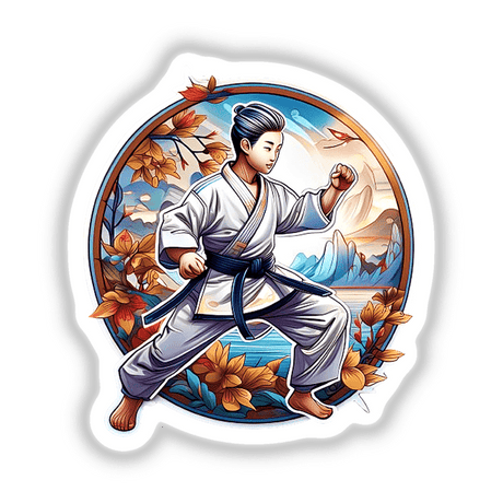 Karate: Martial Artist in Striking Pose, Surrounded by Autumn Leaves and Nature Landscape